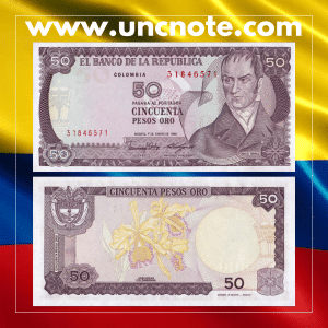 Colombia 50 Pesos Oro 1986 banknote, front with Camilo Torres Tenorio; reverse with Cattleya trianae orchid.