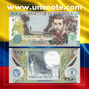 Colombia 5000 Pesos 2001 banknote, front with José Asunción Silva portrait; reverse with poetic nature scene.