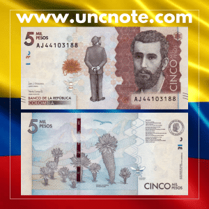 Colombia 5000 Pesos 2020 banknote, front with José Asunción Silva portrait; reverse with nature and literary motifs.