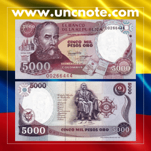 Colombia 5000 Pesos Oro 1988 banknote, front with Francisco de Paula Santander portrait; reverse with House of Santander illustration.