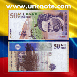 Colombia 50000 Pesos 2005 banknote, obverse with Jorge Isaacs; reverse with Valle del Cauca rural scenery.