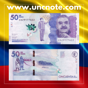 Colombia 50000 Pesos 2020 banknote, obverse with Gabriel García Márquez; reverse with Caribbean coast and cumbia dancers.