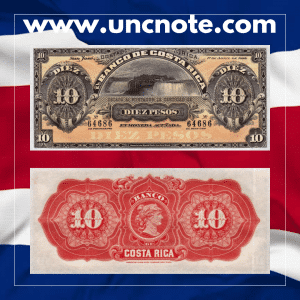 Costa Rica 10 Pesos Niagara 1899 banknote, obverse with ornamental patterns; reverse with Niagara Falls engraving.