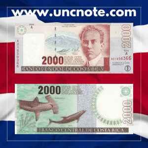 Costa Rica 2000 Colones 2003 banknote, obverse with Mauro Fernández Acuña; reverse with the National Theater of Costa Rica. Size: 131 × 67 mm.