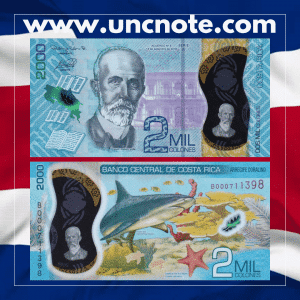 Costa Rica 2000 Colones 2018 polymer banknote, obverse with Mauro Fernández Acuña; reverse with Marino Ballena National Park and marine wildlife.