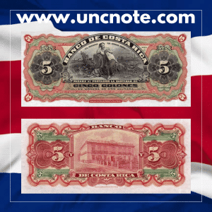 Costa Rica 5 Colones 1901–1908 banknote, obverse with decorative patterns; reverse with classical ornamental motifs.