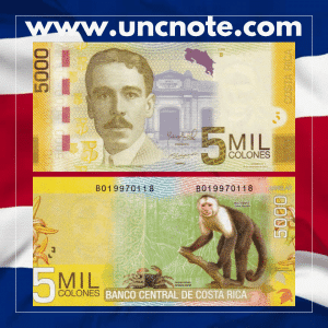 Costa Rica 5000 Colones 2012 banknote, obverse with Alberto Manuel Brenes; reverse with Tropical Dry Forest and white-tailed deer.