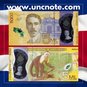 Costa Rica 5000 Colones 2018 polymer banknote, obverse with Alberto Manuel Brenes; reverse with Tropical Dry Forest and white-tailed deer.