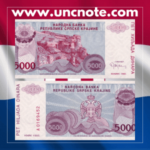 Croatia 5000 Dinara 1993 banknote, obverse featuring Nikola Tesla; reverse with industrial and technological imagery.