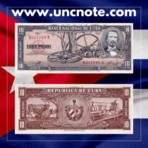 Cuba 10 Pesos 1960 banknote, obverse featuring José Martí; reverse with allegorical symbols of liberty and agriculture.