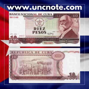 Cuba 10 Pesos 1991 banknote, obverse featuring José Martí; reverse with National Capitol Building in Havana.