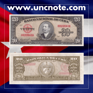 Cuba 20 Pesos 1958 banknote, obverse featuring José Martí; reverse with allegorical designs of prosperity and liberty.
