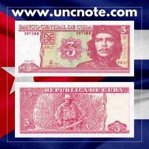Cuba 3 Pesos 2005 banknote, obverse featuring Che Guevara; reverse with revolutionary scene and Cuban motifs.