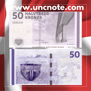 Denmark 50 Kroner 2015 banknote, obverse featuring King Christian IV; reverse with Roskilde Cathedral.