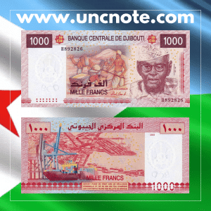 Djibouti 1000 Francs 2005 banknote, obverse featuring coat of arms; reverse with traditional architecture and landscapes.