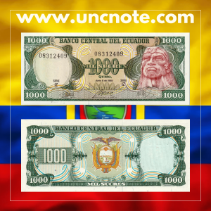 Ecuador 1000 Sucres 1988 banknote, front with Eugenio Espejo; back with Banco Central del Ecuador headquarters.