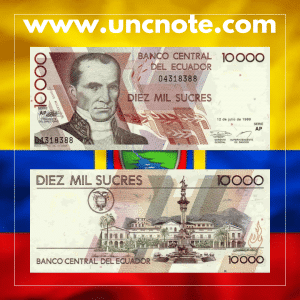 Ecuador 10,000 Sucres 1999 banknote, front with Eugenio Espejo; back with National Library of Ecuador.