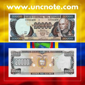 Ecuador 20,000 Sucres 1999 banknote, front with José Joaquín de Olmedo; back with Independence Monument in Guayaquil.