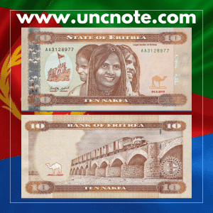 Eritrea 10 Nakfa 2012 banknote, front featuring Eritrean soldier; back with coastline and traditional architecture.