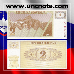 Slovenia 2 Tolarja 1990 banknote, front featuring stork; back with edelweiss flower.