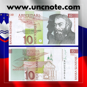 Slovenia 10 Tolarjev 1992 banknote, front featuring Primož Trubar; back showing Trubar’s printing press.