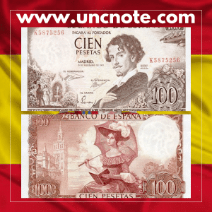 Spain 100 Pesetas 1965 (issued 1970) banknote, front with Hernán Cortés; back showing the Palace of Cogolludo in Guadalajara.