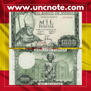 Spain 1000 Pesetas 1965 (issued 1971) banknote, front with Hernán Cortés; back with the Palace of Charles V, Alhambra, Granada.