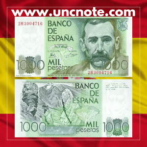 Spain 1000 Pesetas 1979 (issued 1982) banknote, front with Benito Pérez Galdós; back with Teatro Español in Madrid.