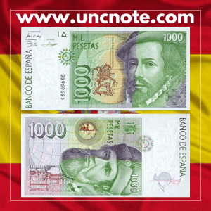 Spain 1000 Pesetas 1992 banknote, front with Hernán Cortés and Francisco Pizarro; back with map of the Americas.