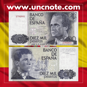 Spain 10000 Pesetas 1985 (issued 1987) banknote, front with King Juan Carlos I; back showing the Royal Palace of Madrid.