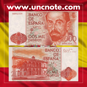 Spain 2000 Pesetas 1980 banknote, front with Gaspar Melchor de Jovellanos; back with cityscape of Gijón.