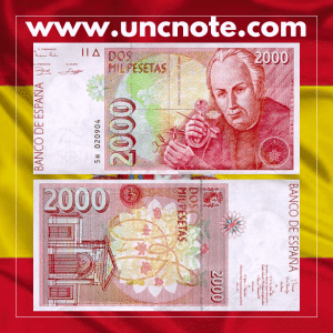 Spain 2000 Pesetas 1992 (issued 1996) banknote, front with Juan Ramón Jiménez; back with pastoral scene inspired by Platero y yo.