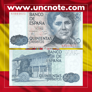 Spain 500 Pesetas 1979 (issued 1983) banknote, front with Rosalía de Castro; back with Santiago de Compostela Cathedral.