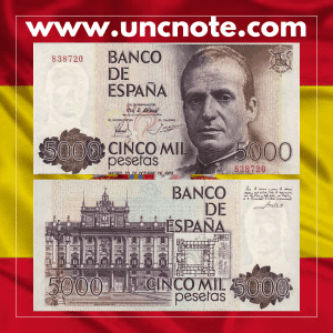 Spain 5000 Pesetas 1979 (issued 1982) banknote, front with Juan de la Cierva; back with an early autogyro in flight.