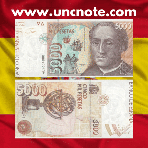 Spain 5000 Pesetas 1992 banknote, front with Santiago Ramón y Cajal; back showing neurons and brain tissue illustration.