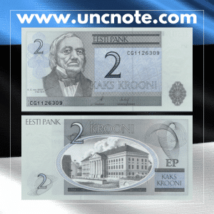 Estonia 2 Krooni 1992 banknote, front showing Karl Ernst von Baer; back with microscope and embryological illustrations.