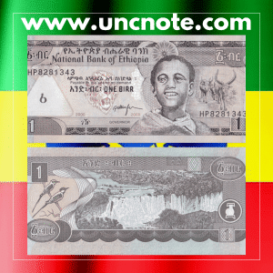 Ethiopia 1 Birr 2008 banknote, front featuring Haile Selassie I; back with Lion of Judah and agricultural illustrations.