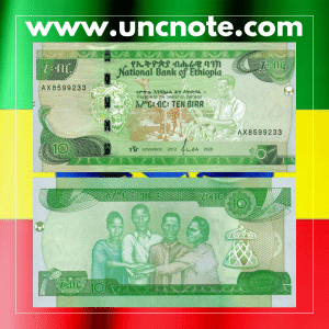 Ethiopia 10 Birr 2020 banknote, front featuring Emperor Menelik II; back showing Blue Nile Falls.