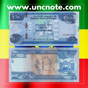 Ethiopia 100 Birr 2020 banknote, front featuring Emperor Menelik II; back with Ethiopian wildlife and mountain scenery.