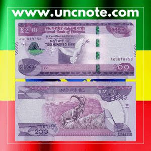 Ethiopia 200 Birr 2020 banknote, front featuring Emperor Menelik II; back with Mount Ras Dashen and Ethiopian wildlife.