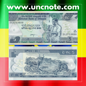 Ethiopia 5 Birr 2017 banknote, front featuring Emperor Menelik II; back with Axum Obelisk and cultural patterns.
