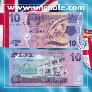 Fiji 10 Dollars 2012 banknote, front featuring Ratu Sir Lala Sukuna; back with tropical plants and marine life.