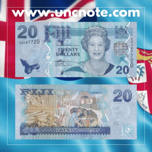Fiji 20 Dollars 2007 banknote, front featuring Ratu Sir Lala Sukuna; back with tropical plants and marine life.