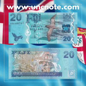 Fiji 20 Dollars 2012 banknote, front featuring Ratu Sir Lala Sukuna; back with tropical plants and marine life.