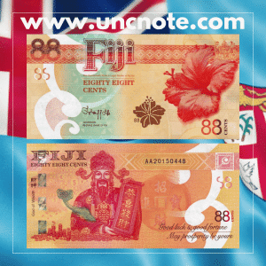 Fiji 88 Cents 2022 commemorative banknote, front featuring Ratu Sir Lala Sukuna; back with tropical plants and cultural motifs.