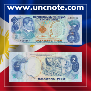 Philippines 2 Piso 1974 banknote, front showing Andrés Bonifacio; back depicting Barasoain Church.