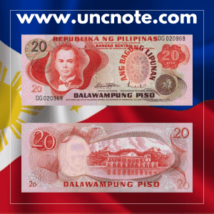 Philippines 20 Piso 1970 banknote, front with Manuel L. Quezon; back with Malacañang Palace.