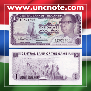 Gambia 1 Dalasi 1972–1986 banknote, front with Sir Dawda Jawara; back with peanut harvesting scene.