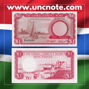 Gambia 1 Pound 1965–1970 banknote, front with Queen Elizabeth II; back with river scene and boat.