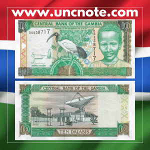 Gambia 10 Dalasis 2005 banknote, front featuring Sir Dawda Jawara; back showing fishing scene on the Gambia River.